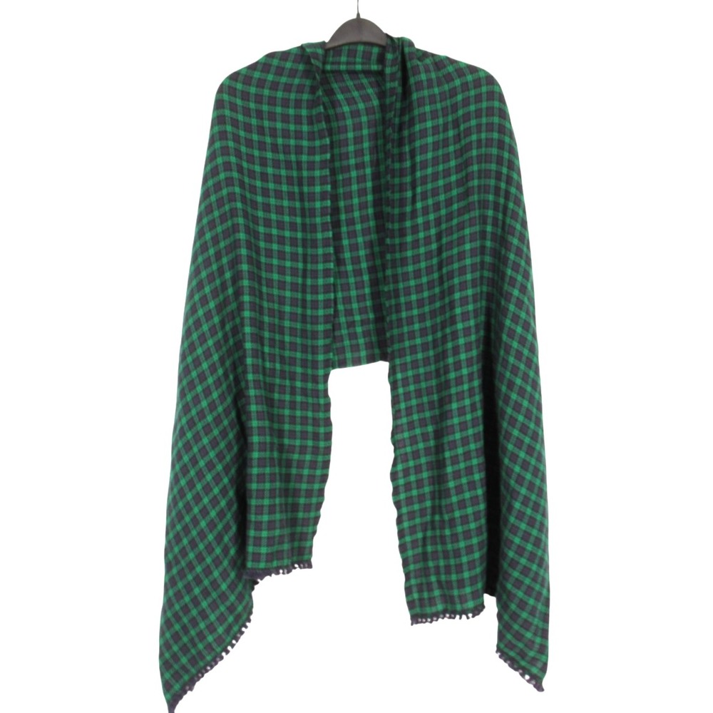 TALBOTS Green/Navy 100% WOOL Tartan Plaid TASSEL TRIM Rectangle Wrap Scarf
